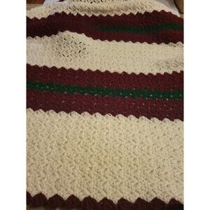 Granny Square Hand Crochet Afghan Maroon Green White 42X60